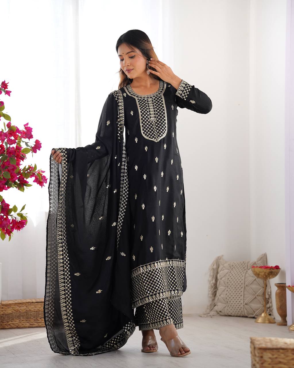 Black Pure Chinon Silk Fabric With Beautiful Embroidery Sequence And Jari Work Plazzo Set