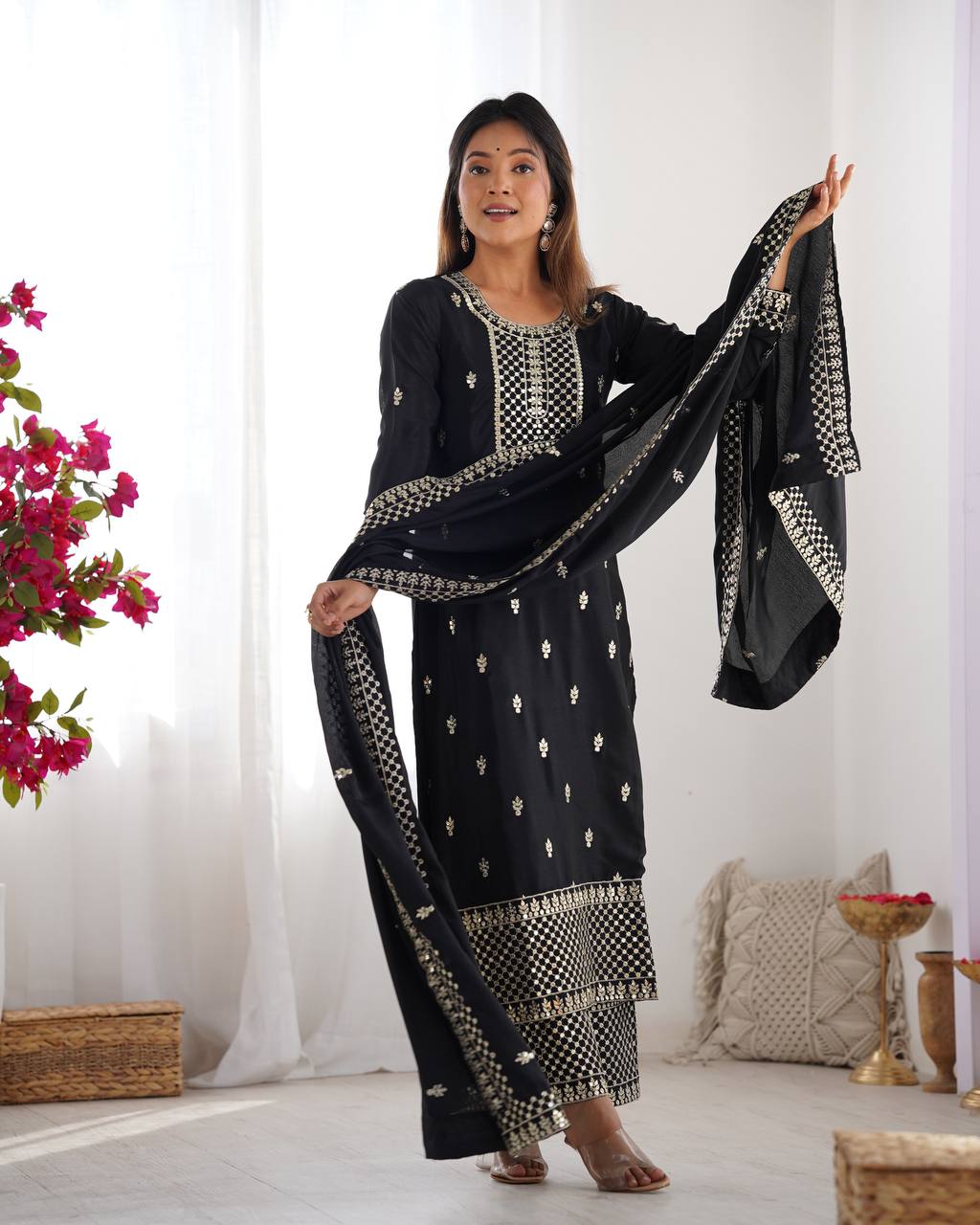 Black Pure Chinon Silk Fabric With Beautiful Embroidery Sequence And Jari Work Plazzo Set