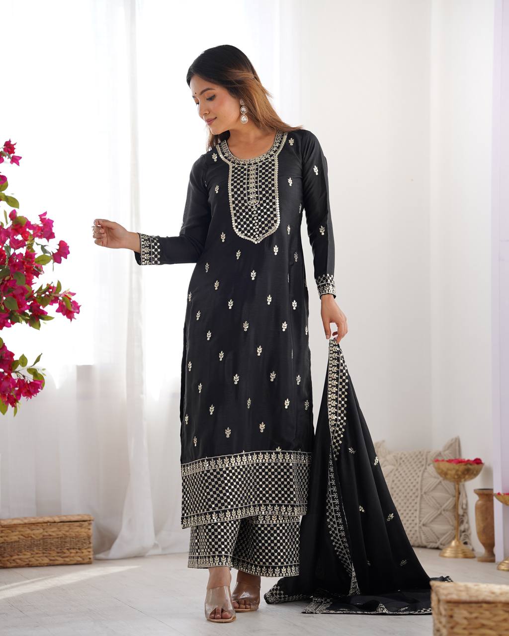 Black Pure Chinon Silk Fabric With Beautiful Embroidery Sequence And Jari Work Plazzo Set