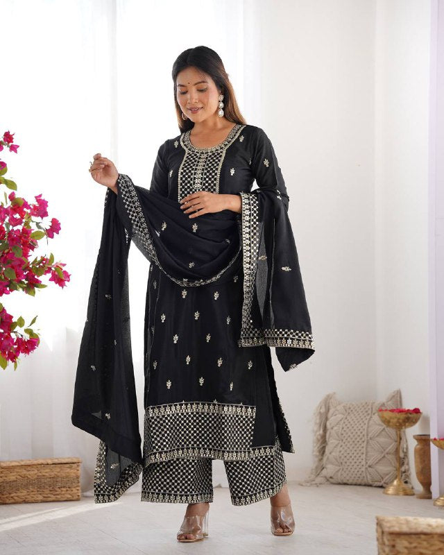 Black Pure Chinon Silk Fabric With Beautiful Embroidery Sequence And Jari Work Plazzo Set