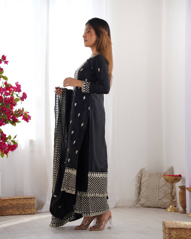 Black Pure Chinon Silk Fabric With Beautiful Embroidery Sequence And Jari Work Plazzo Set