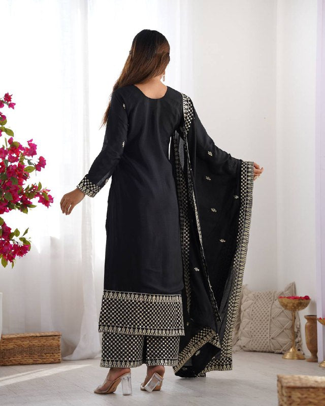 Black Pure Chinon Silk Fabric With Beautiful Embroidery Sequence And Jari Work Plazzo Set