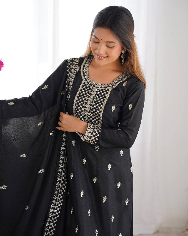 Black Pure Chinon Silk Fabric With Beautiful Embroidery Sequence And Jari Work Plazzo Set