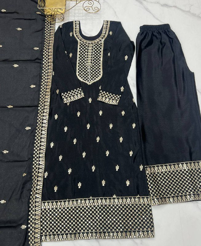 Black Pure Chinon Silk Fabric With Beautiful Embroidery Sequence And Jari Work Plazzo Set