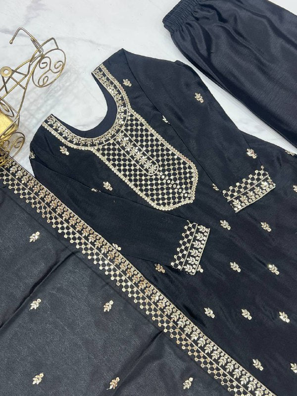 Black Pure Chinon Silk Fabric With Beautiful Embroidery Sequence And Jari Work Plazzo Set