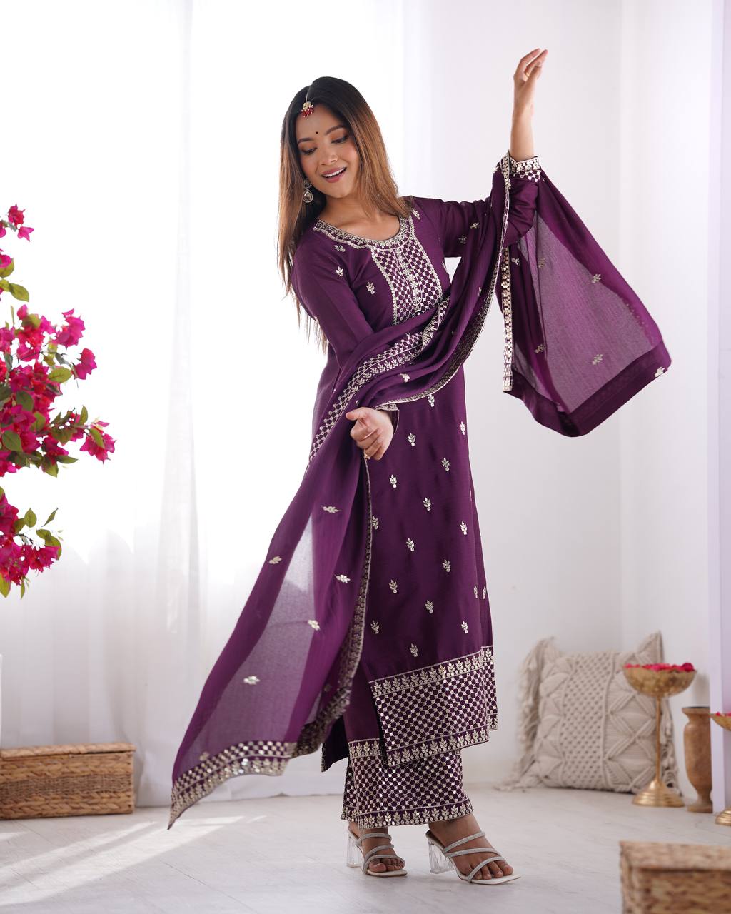 Purple Pure Chinon Silk Fabric With Beautiful Embroidery Sequence And Jari Work Plazzo Set