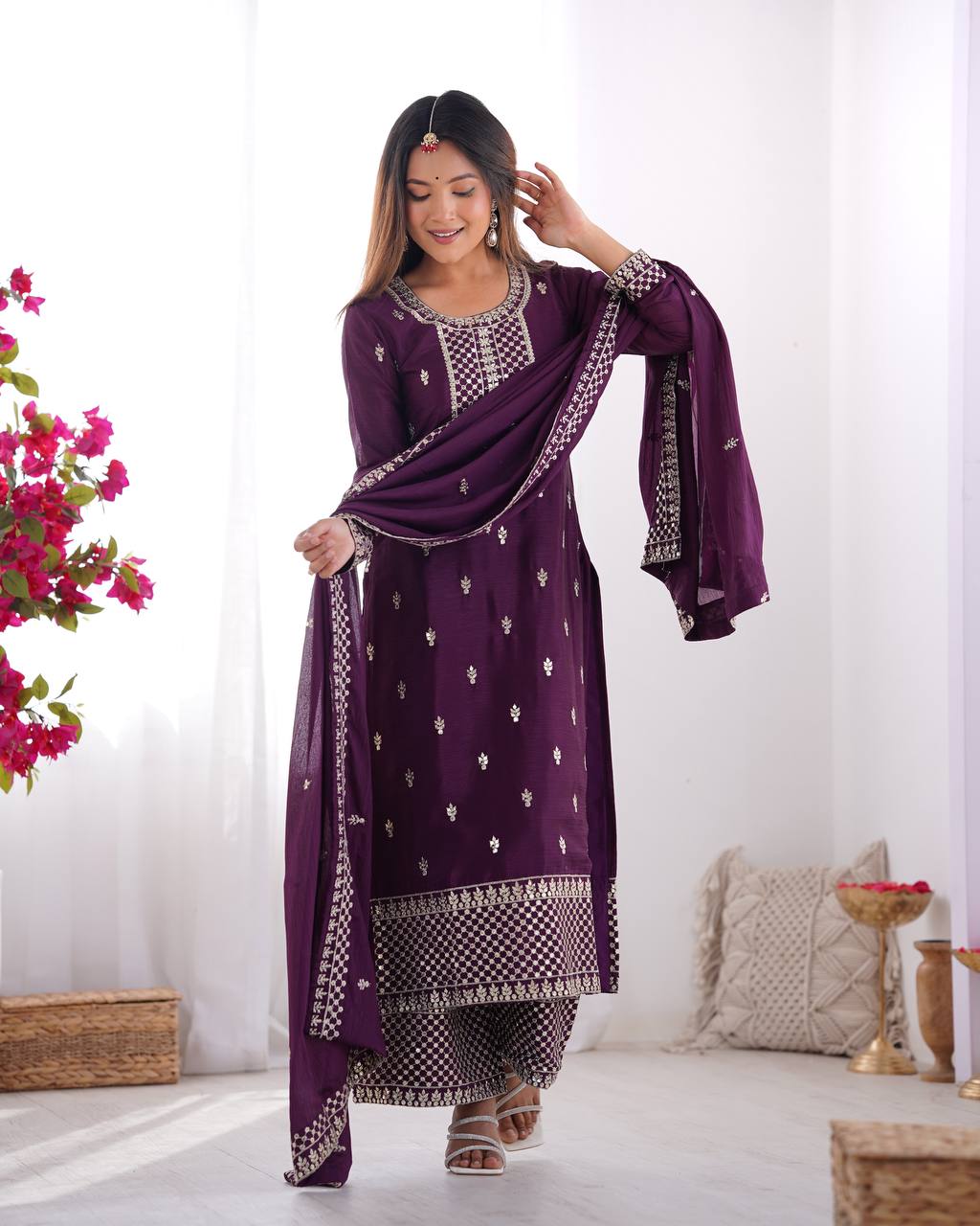 Purple Pure Chinon Silk Fabric With Beautiful Embroidery Sequence And Jari Work Plazzo Set