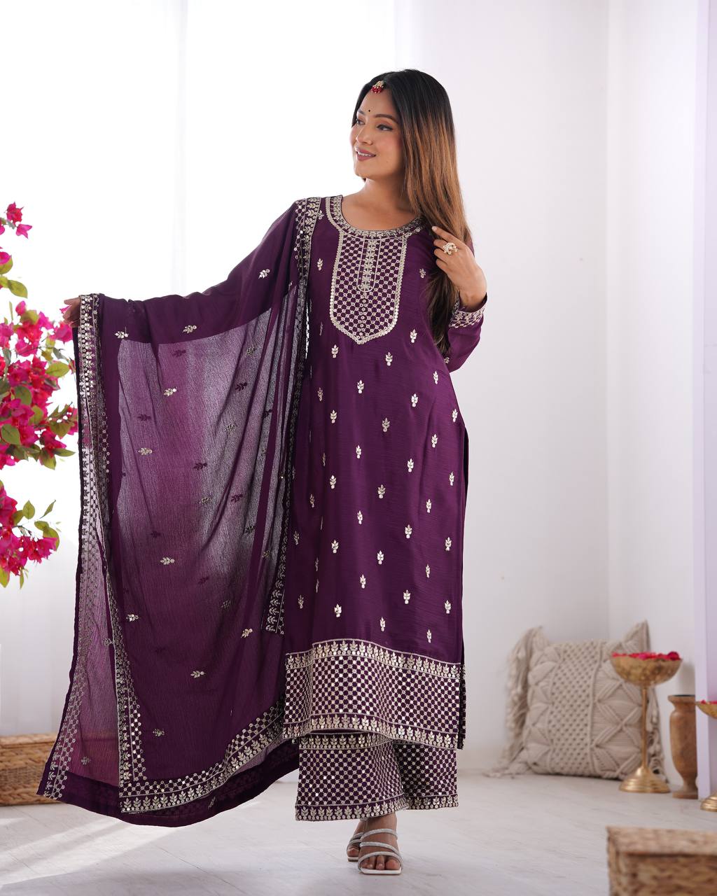 Purple Pure Chinon Silk Fabric With Beautiful Embroidery Sequence And Jari Work Plazzo Set