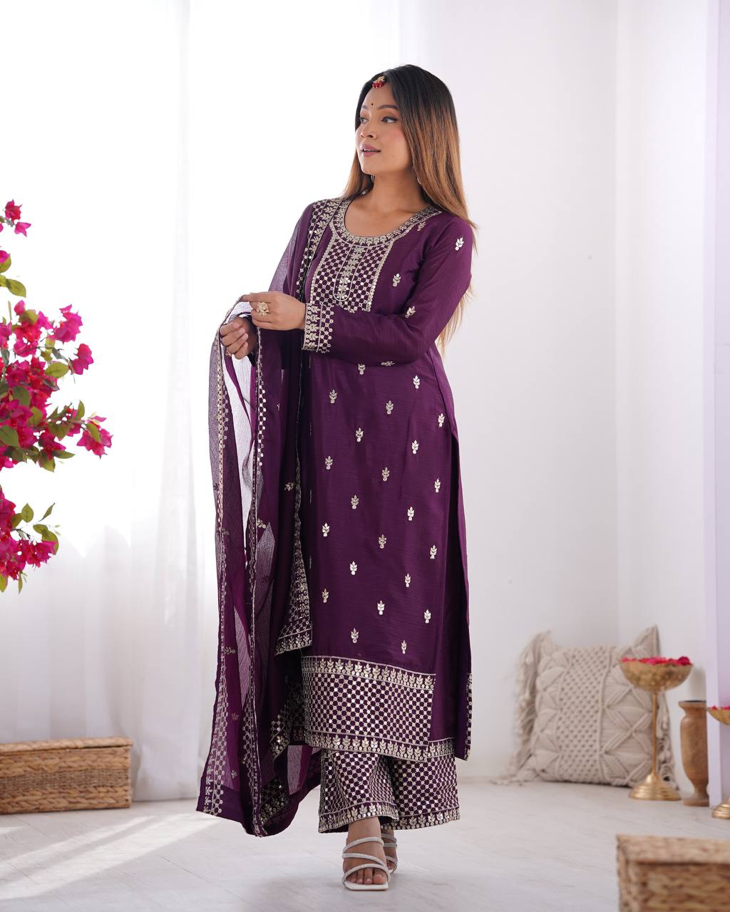 Purple Pure Chinon Silk Fabric With Beautiful Embroidery Sequence And Jari Work Plazzo Set