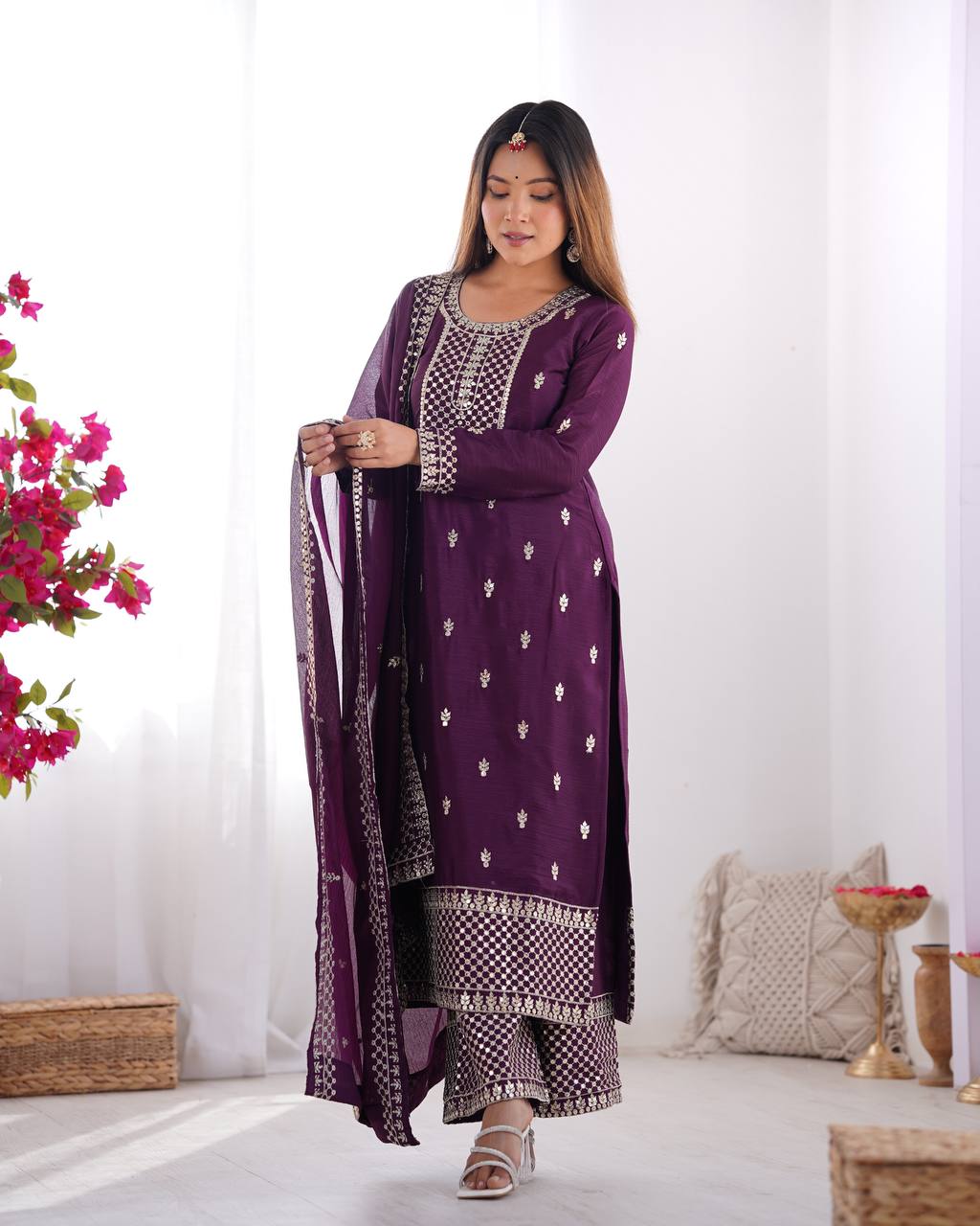 Purple Pure Chinon Silk Fabric With Beautiful Embroidery Sequence And Jari Work Plazzo Set