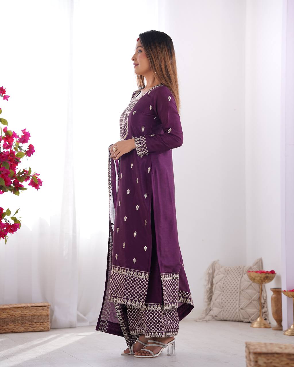 Purple Pure Chinon Silk Fabric With Beautiful Embroidery Sequence And Jari Work Plazzo Set