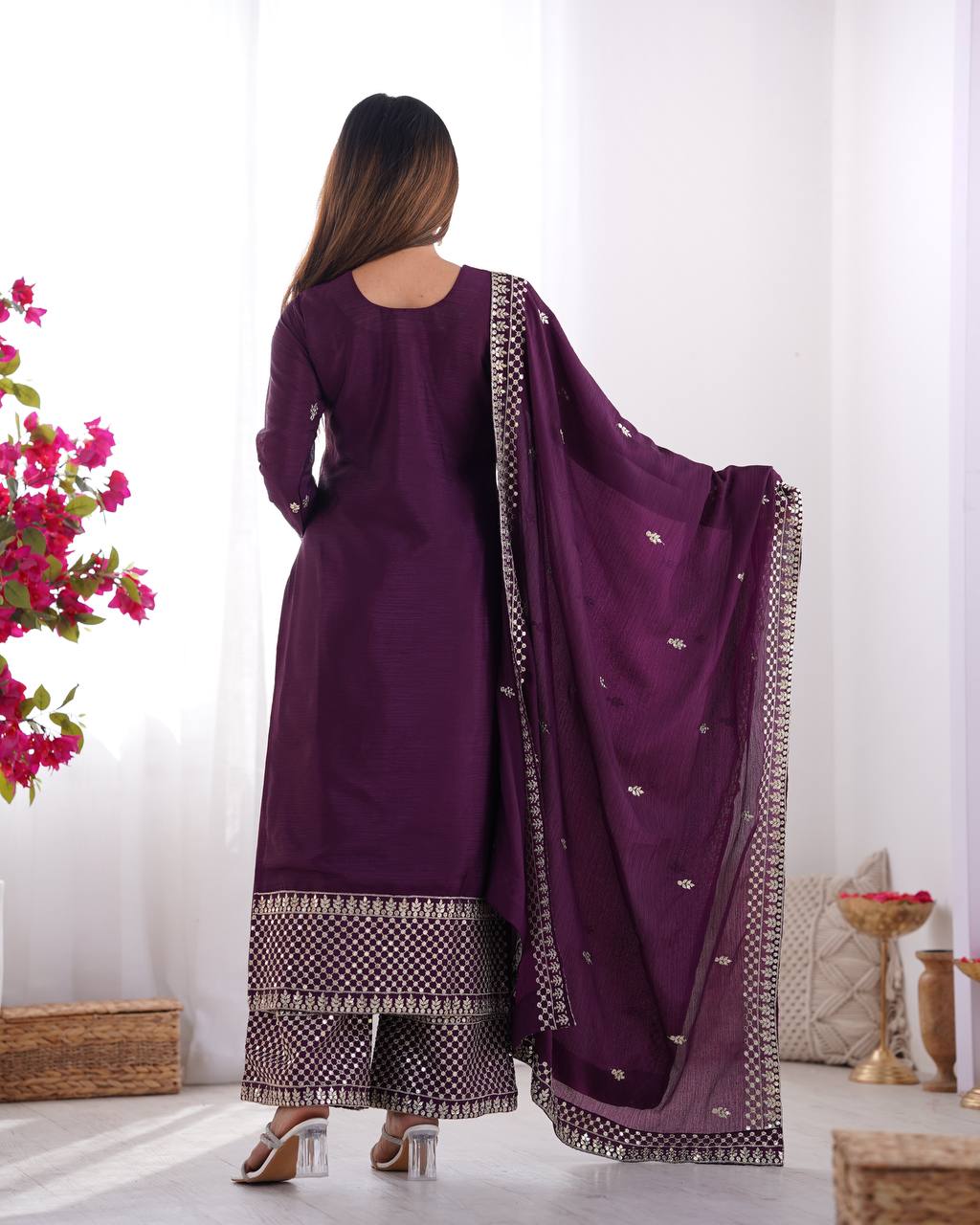 Purple Pure Chinon Silk Fabric With Beautiful Embroidery Sequence And Jari Work Plazzo Set