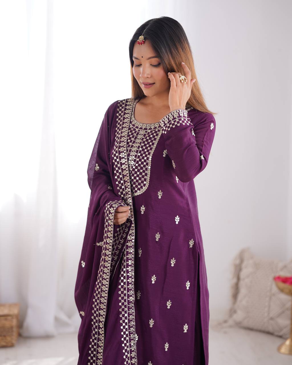 Purple Pure Chinon Silk Fabric With Beautiful Embroidery Sequence And Jari Work Plazzo Set