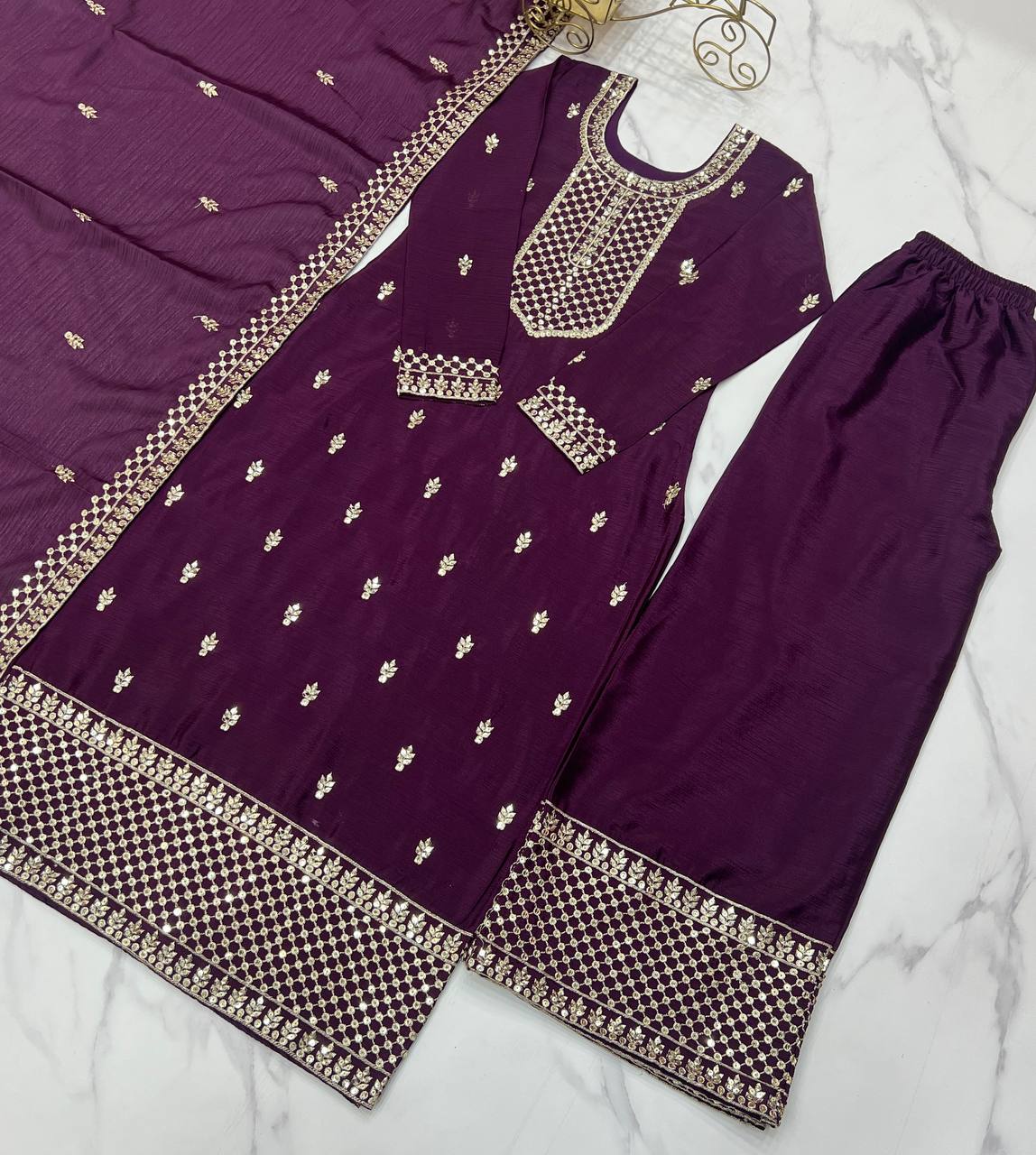 Purple Pure Chinon Silk Fabric With Beautiful Embroidery Sequence And Jari Work Plazzo Set