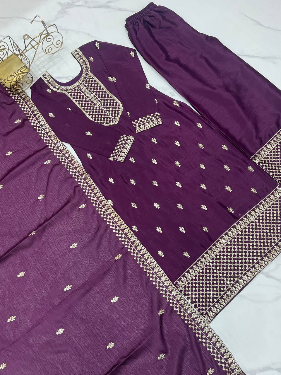 Purple Pure Chinon Silk Fabric With Beautiful Embroidery Sequence And Jari Work Plazzo Set