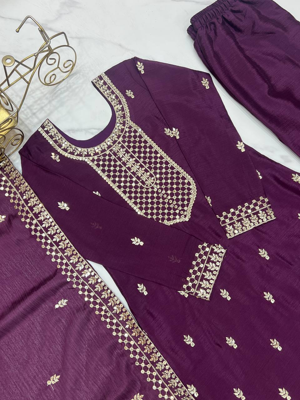 Purple Pure Chinon Silk Fabric With Beautiful Embroidery Sequence And Jari Work Plazzo Set