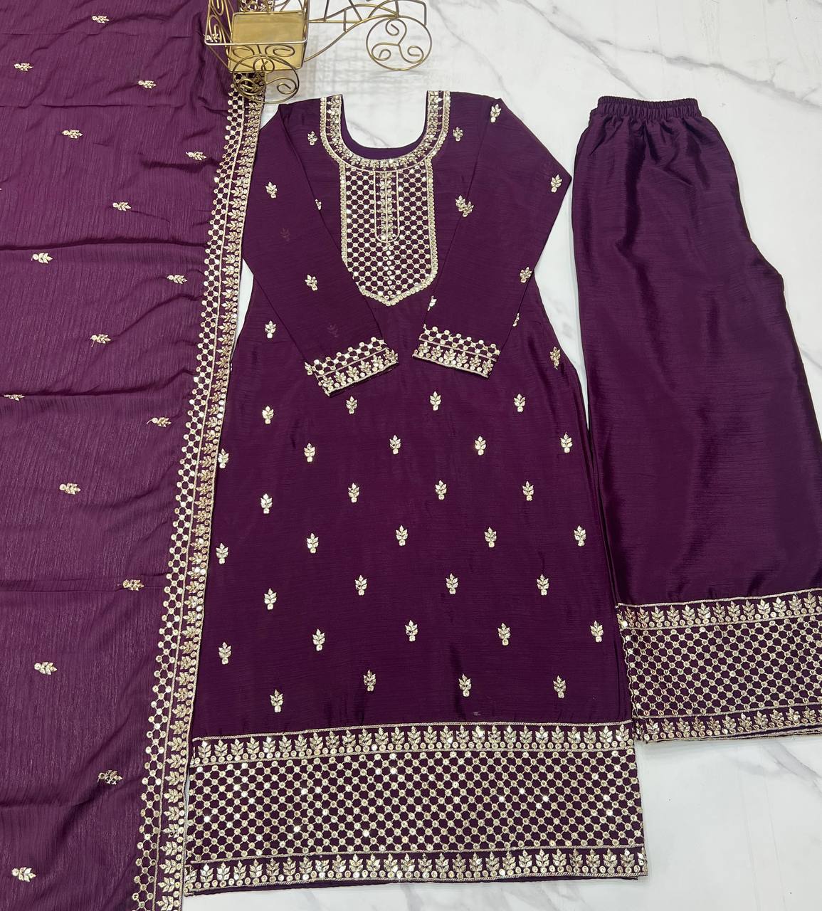 Purple Pure Chinon Silk Fabric With Beautiful Embroidery Sequence And Jari Work Plazzo Set
