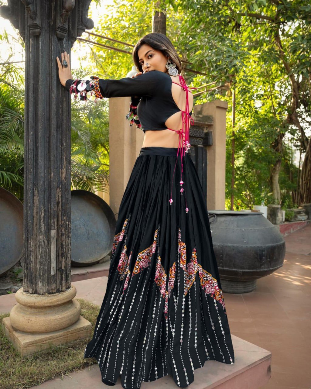 Black Fancy Digital Print Real Mirror Work Navaratri Lehenga Choli