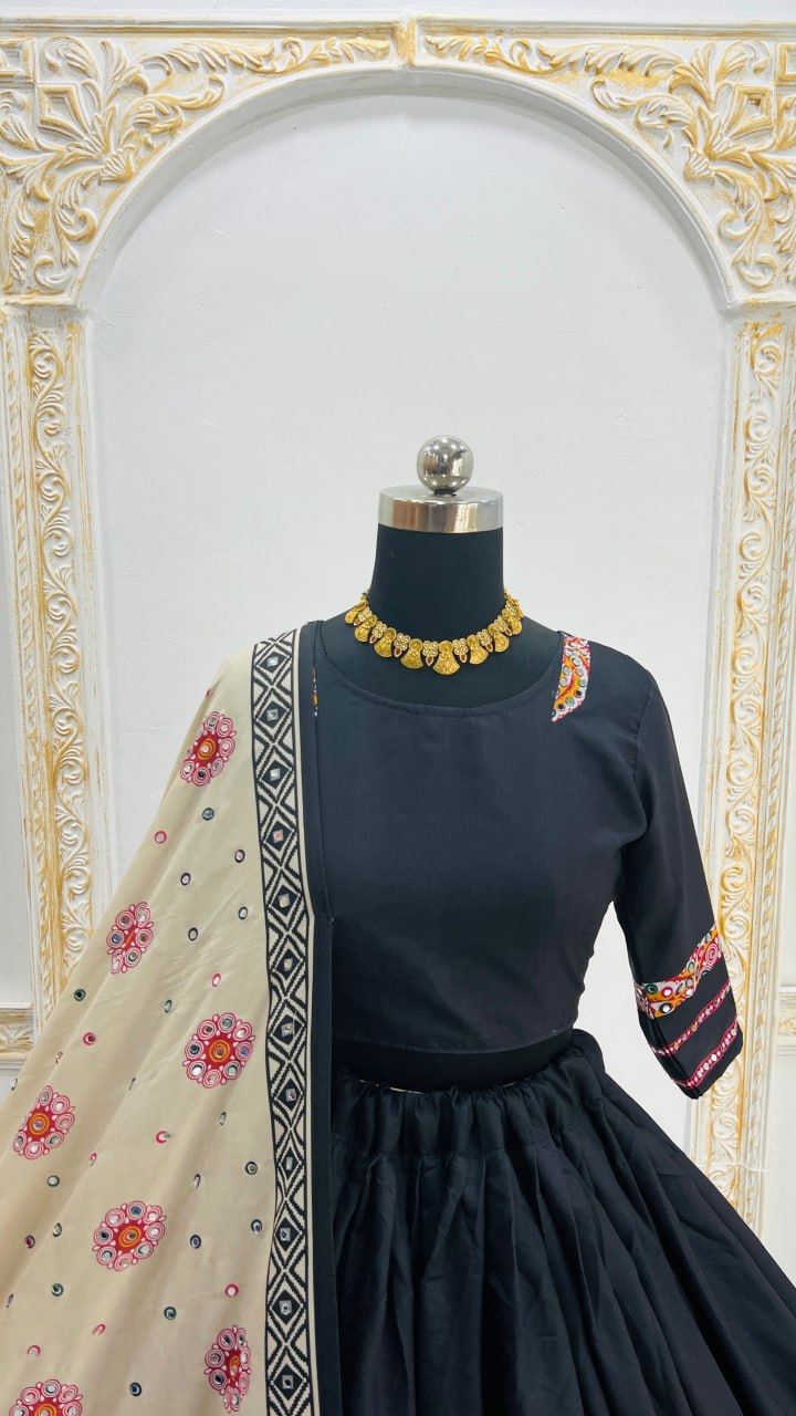 Black Fancy Digital Print Real Mirror Work Navaratri Lehenga Choli