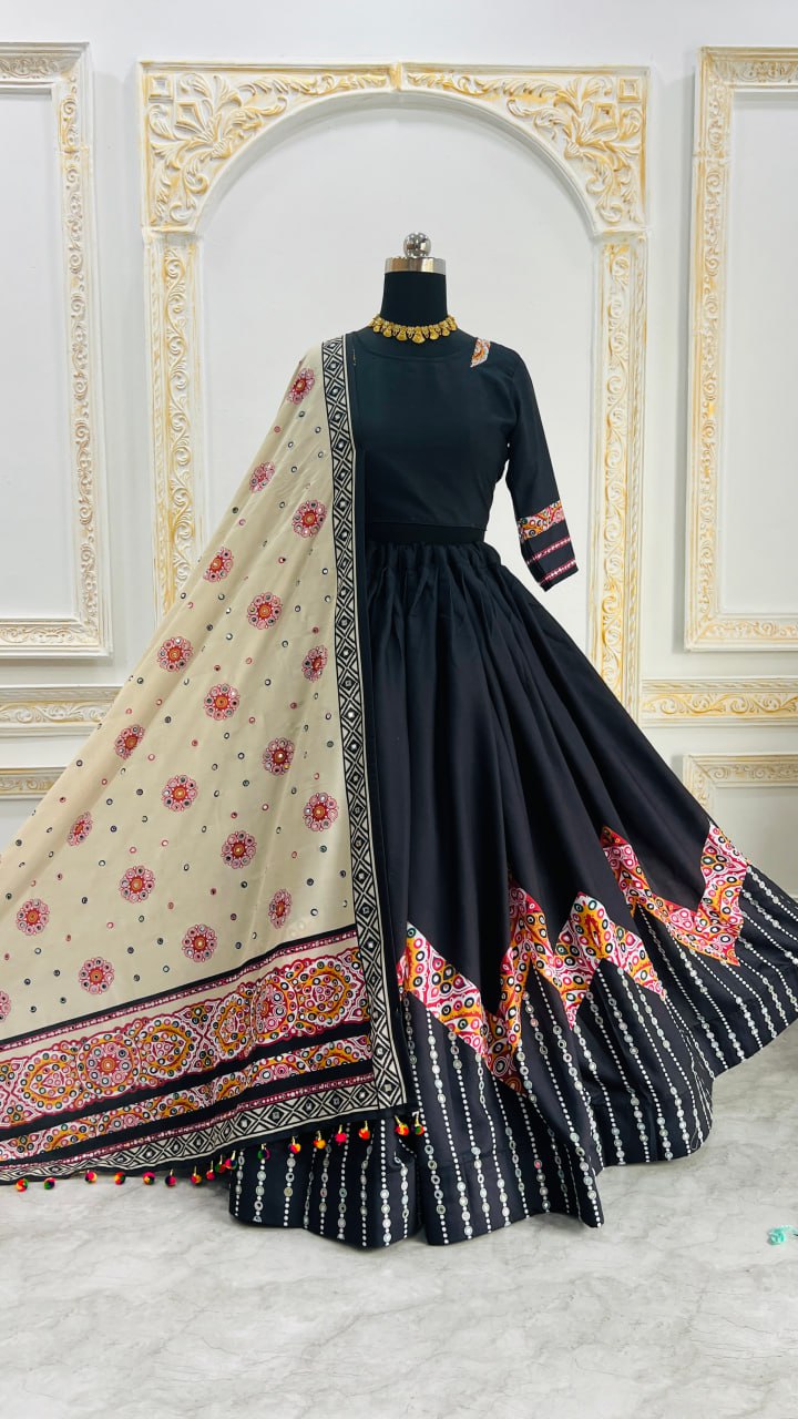 Black Fancy Digital Print Real Mirror Work Navaratri Lehenga Choli