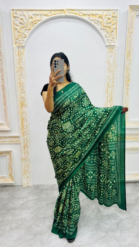Green Original Silk Ajrakh Rich Pallu With Contrast Blouse Saree