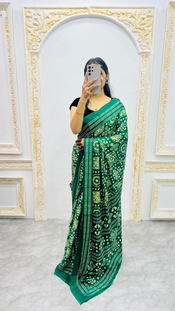 Green Original Silk Ajrakh Rich Pallu With Contrast Blouse Saree