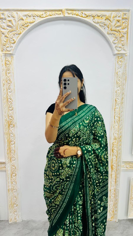 Green Original Silk Ajrakh Rich Pallu With Contrast Blouse Saree