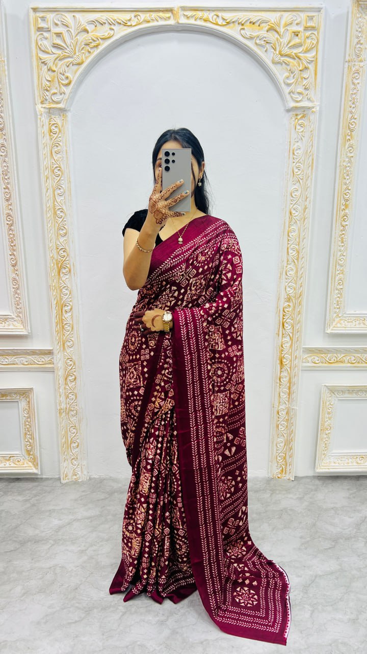 Wine Original Silk Ajrakh Rich Pallu With Contrast Blouse Saree