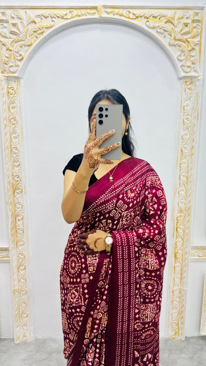 Wine Original Silk Ajrakh Rich Pallu With Contrast Blouse Saree