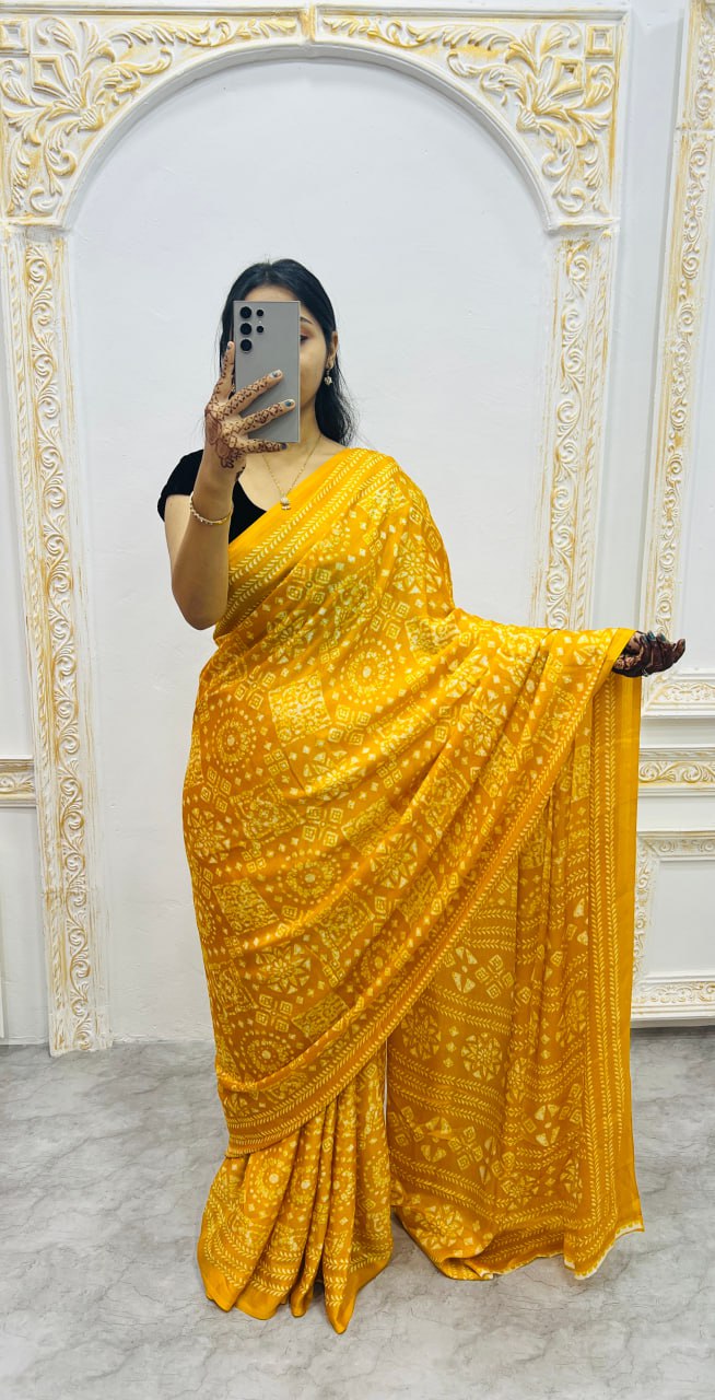 Yellow Original Silk Ajrakh Rich Pallu With Contrast Blouse Saree