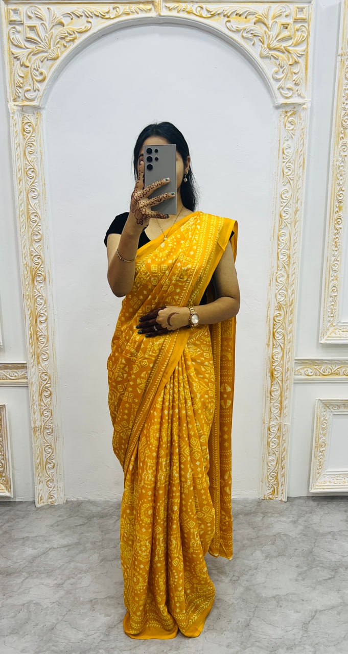 Yellow Original Silk Ajrakh Rich Pallu With Contrast Blouse Saree