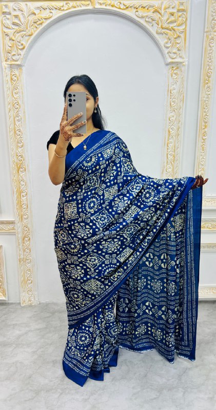 Navy Blue Original Silk Ajrakh Rich Pallu With Contrast Blouse Saree