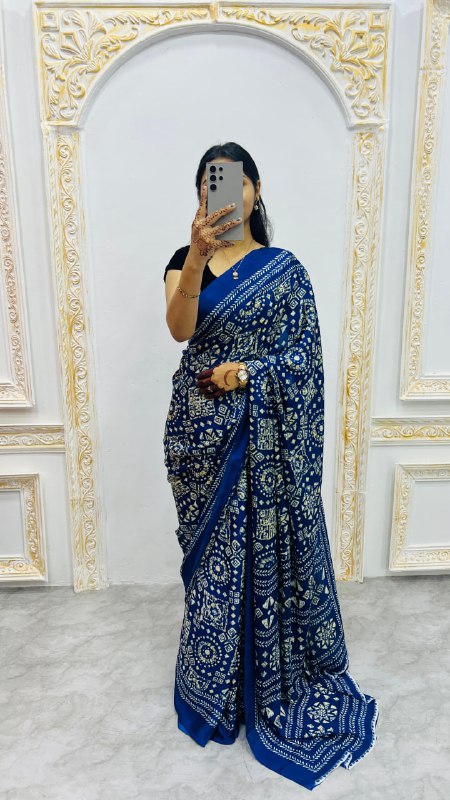 Navy Blue Original Silk Ajrakh Rich Pallu With Contrast Blouse Saree