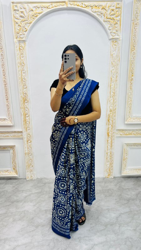 Navy Blue Original Silk Ajrakh Rich Pallu With Contrast Blouse Saree