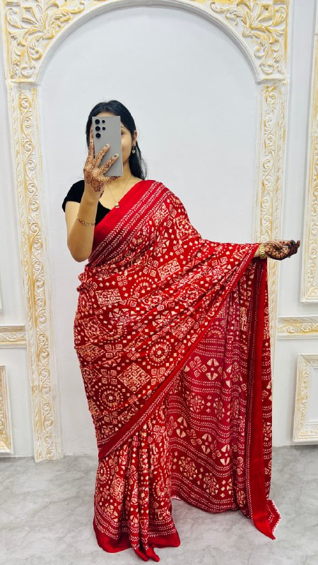 Red Original Silk Ajrakh Rich Pallu With Contrast Blouse Saree