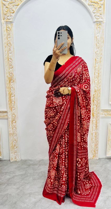 Red Original Silk Ajrakh Rich Pallu With Contrast Blouse Saree