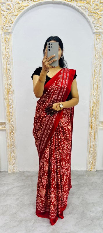 Red Original Silk Ajrakh Rich Pallu With Contrast Blouse Saree