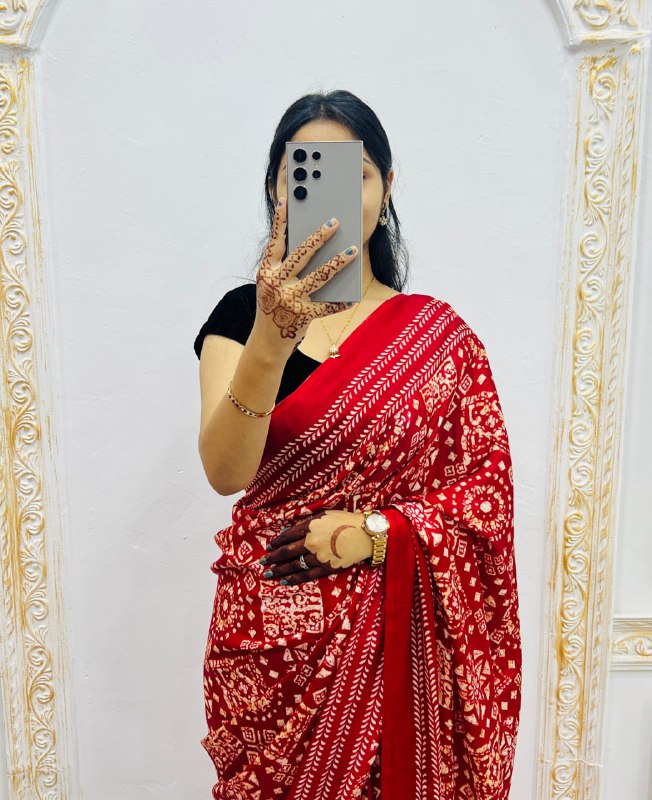 Red Original Silk Ajrakh Rich Pallu With Contrast Blouse Saree