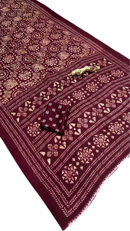 Wine Original Silk Ajrakh Rich Pallu With Contrast Blouse Saree