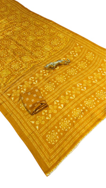 Yellow Original Silk Ajrakh Rich Pallu With Contrast Blouse Saree