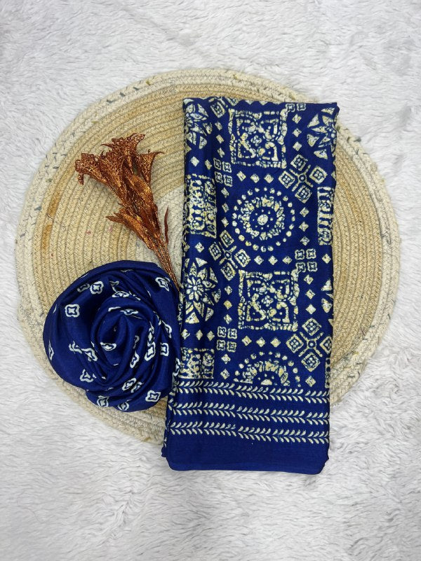 Navy Blue Original Silk Ajrakh Rich Pallu With Contrast Blouse Saree