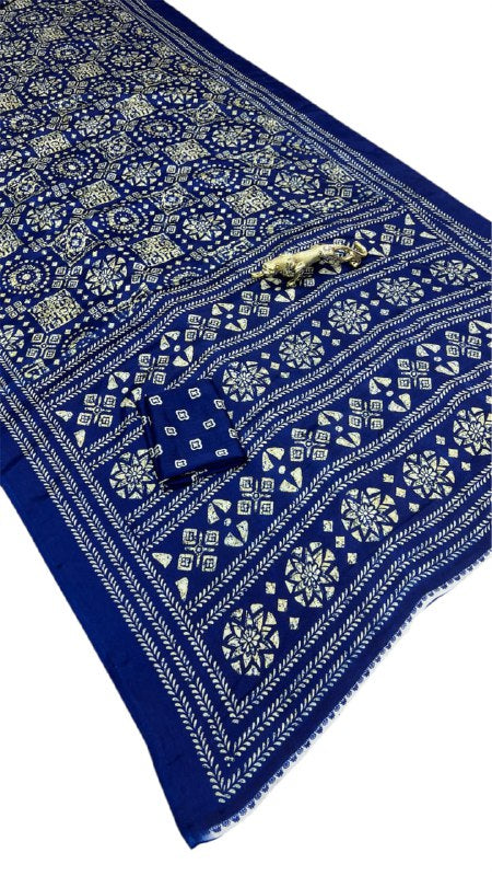 Navy Blue Original Silk Ajrakh Rich Pallu With Contrast Blouse Saree