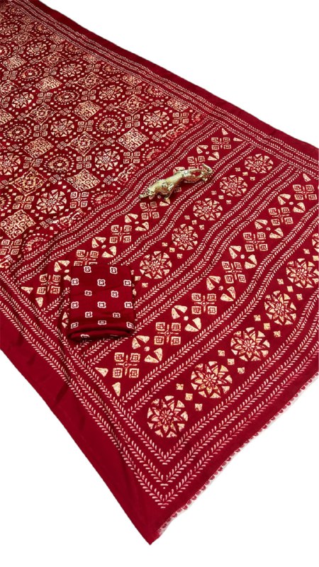 Red Original Silk Ajrakh Rich Pallu With Contrast Blouse Saree