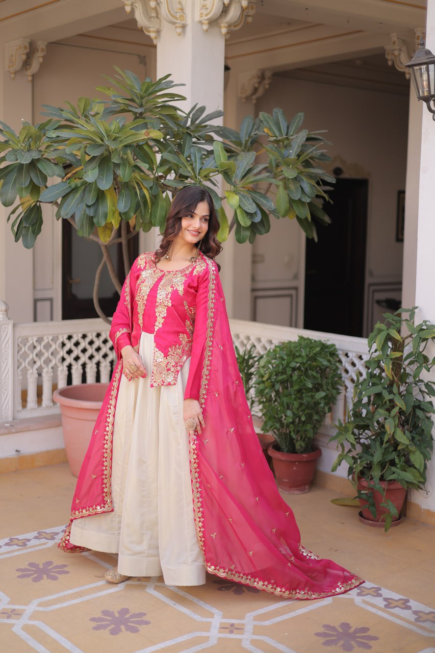 Pink Glass Roman And Cosmos With Rich Sequins Embroidered Work Gown