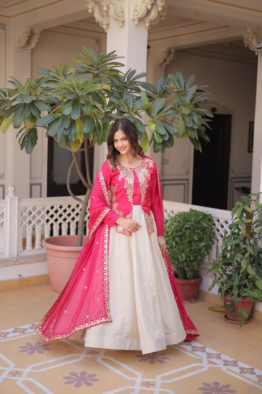 Pink Glass Roman And Cosmos With Rich Sequins Embroidered Work Gown