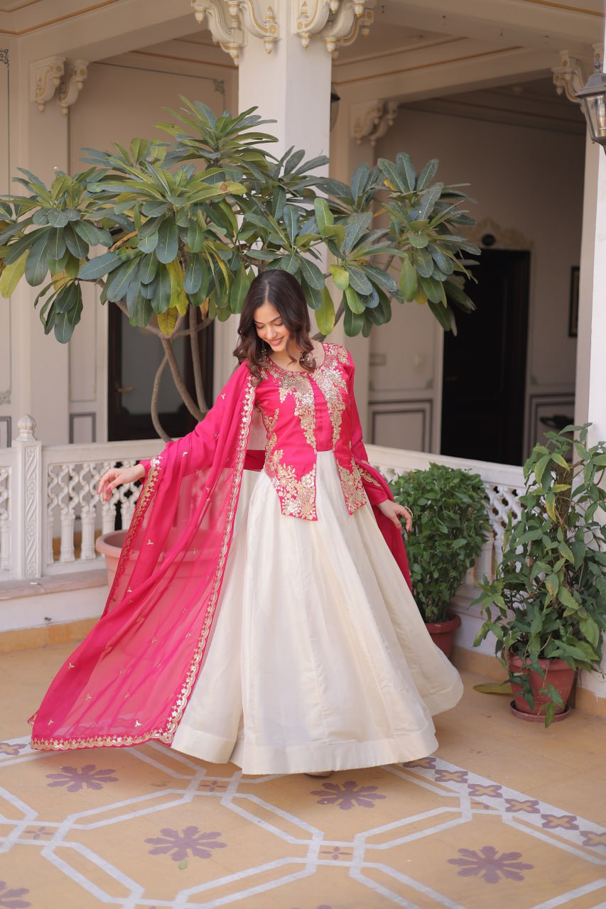 Pink Glass Roman And Cosmos With Rich Sequins Embroidered Work Gown