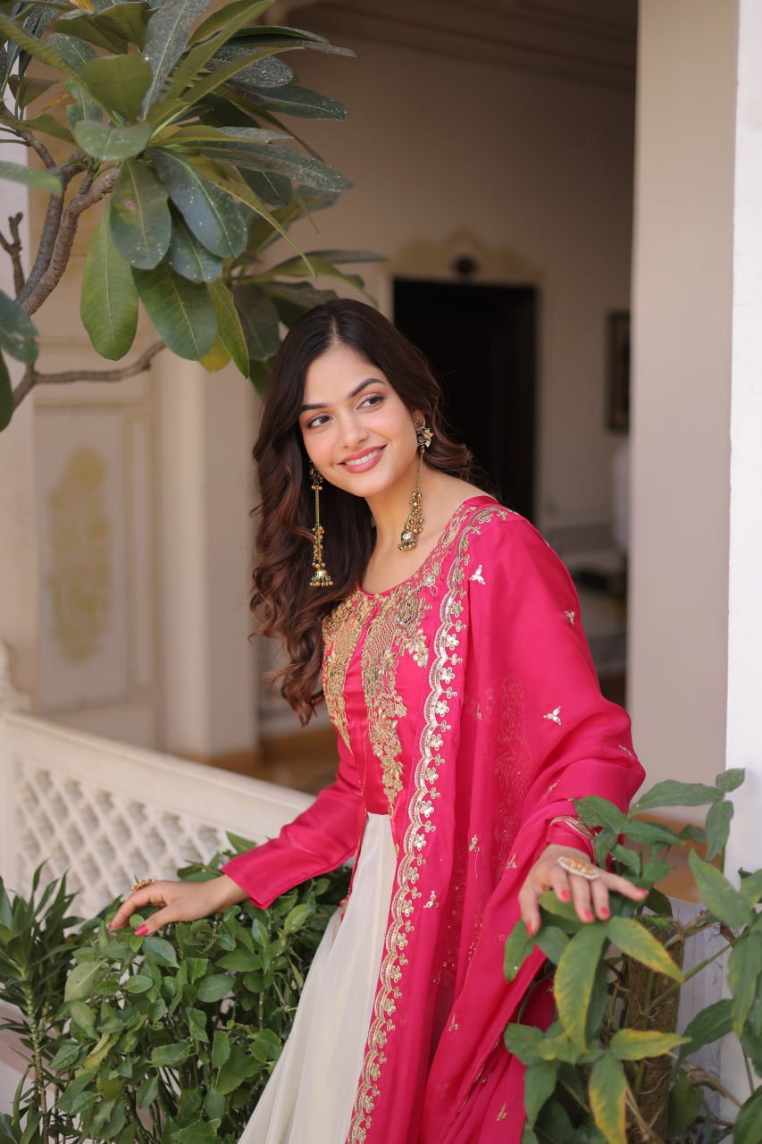 Pink Glass Roman And Cosmos With Rich Sequins Embroidered Work Gown