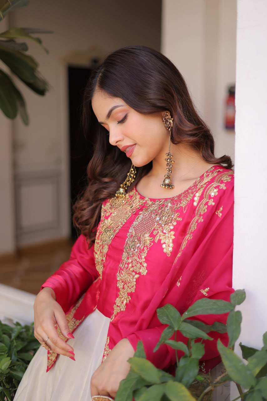 Pink Glass Roman And Cosmos With Rich Sequins Embroidered Work Gown