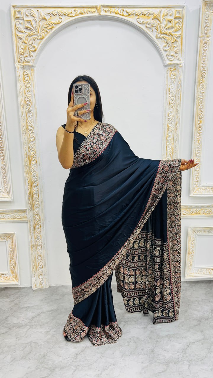 Black Gajji Silk Ajrakh Rich Pallu With Contrast Blouse Saree
