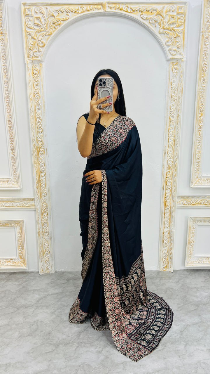 Black Gajji Silk Ajrakh Rich Pallu With Contrast Blouse Saree